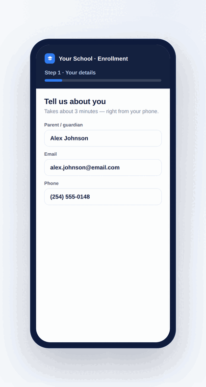 EnrollBoost enrollment demo — a parent completing enrollment on their phone